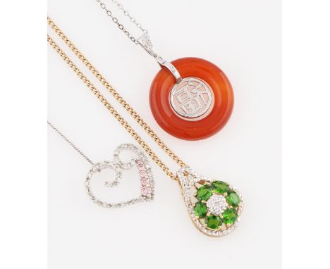 A chrome diopside and diamond pendant, stamped 9k, on a curb link chain stamped 375, together with a diamond heart pendant (p