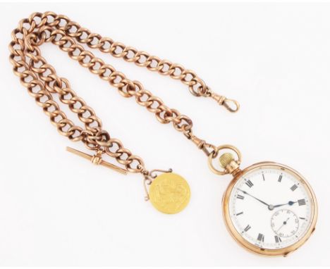 A 9ct rose gold open face crown wind pocket watch, the white enamel dial having hourly Roman numeral markers with minute trac