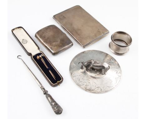 A collection of silverware, to include a Victorian pot lid with cow finial and engraved, hallmarked Sheffield 1843, together 