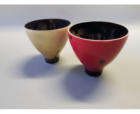 Two Caithness yellow and red glass vases. Heights 14cm.