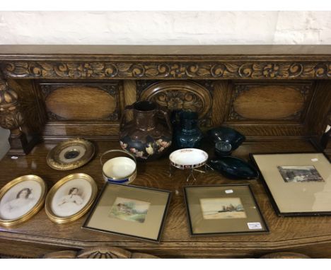 Five various framed pictures, oval mirror, two handle vases and glassware.