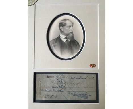 A framed cheque signed by Charles Dickens and dated March 1862 with engraving portrait, certificate of authenticity to back.