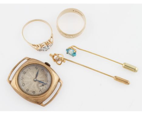 A collection of hallmarked 9ct yellow gold jewellery, to include an aquamarine and diamond ring, a zircon stick pin, a diamon