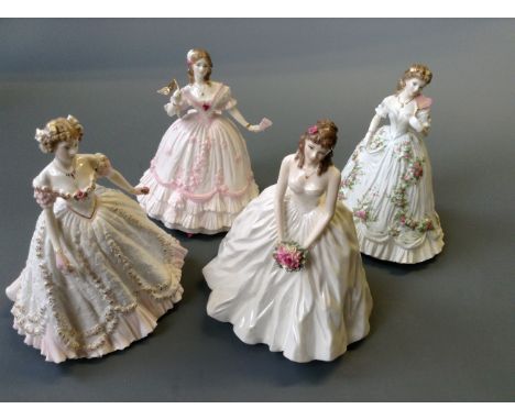 Four Royal Worcester figurines, three titled 'Charlotte', 'Sarah' and 'Amelia'.
