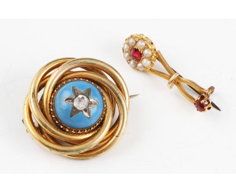 A red paste and split pearl brooch, together with a knot design with enamel and paste set brooch, (2).