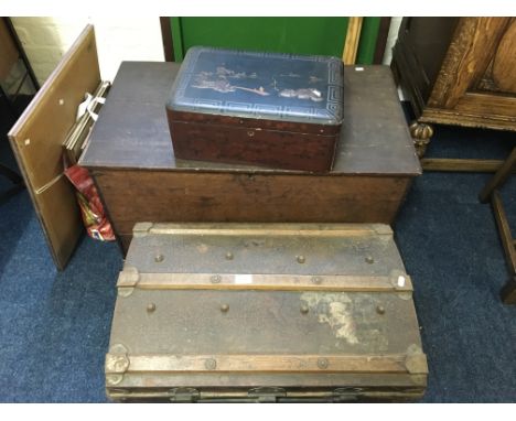 A metal dome topped trunk together with an oriental box and an oak box.