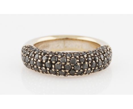 A David Morris 18ct yellow gold black diamond ring, half band pave set with round brilliant cut black diamonds, hallmarked Bi