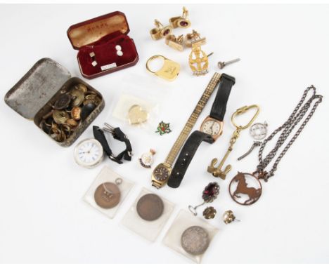 A collection of jewellery and watches and coins, to include a wrist watch case stamped 9ct, (A/F), a ladies fob watch, stampe