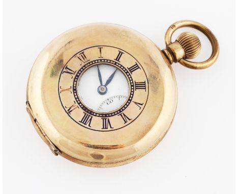 A gold plated half hunter crown wind pocket watch, the white enamel dial having hourly Roman numerals with minute track borde