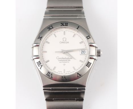 *An gents stainless steel Omega Constellation Chronometer automatic wrist watch, the white dial having hourly baton markers w