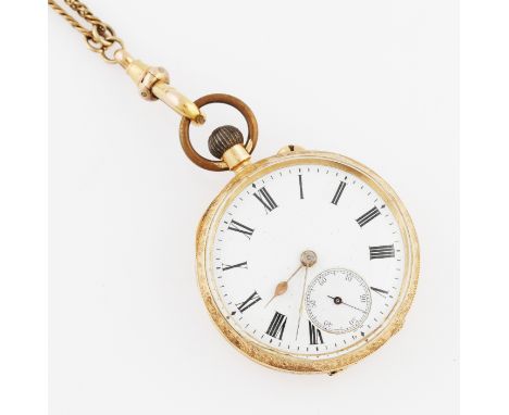 A ladies fob watch, the white enamel dial having hourly Roman numeral markers with minute track border and subsidiary dial to