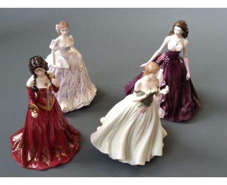 Four Royal Worcester figurines titled 'The Fair Maiden of Astolat', 'Keepsake', 'Charlotte' and 'Emily'.