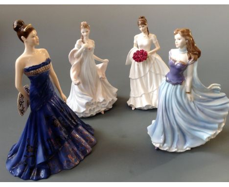 Four Royal Worcester figurines titled 'Midsummer Waltz', 'Sarah', 'With all my heart', 'Roses of love'.