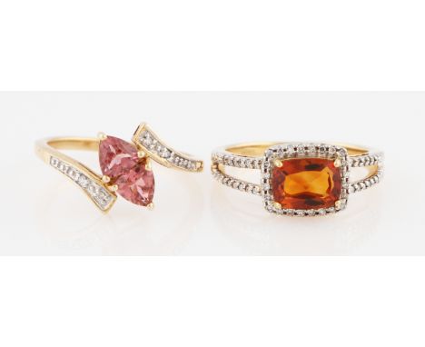 Two 9ct yellow gold gemstone set rings, one set with pink tourmaline and diamond, the other citrine and diamond, both hallmar