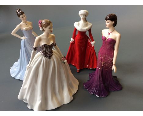 Four Royal Doulton figurines titled 'Winters walk', 'Anniversary ball', 'Ruby' and 'Catherine'.