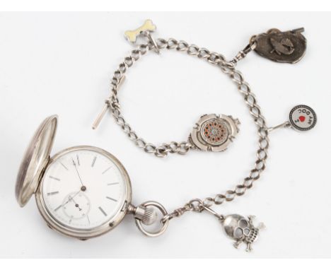 A Droz & Perret crown wind full hunter pocket watch, the white enamel dial having hourly Roman numeral markers with minute tr