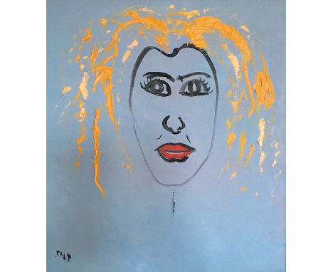 SHEILA BENSON. Framed, signed with initials, oil on canvas, portrait of a lady with red lips and orange hair against a blue b