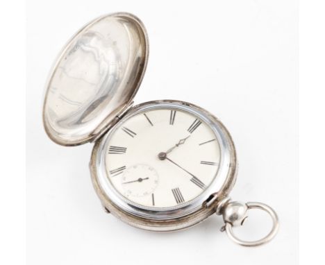 A key wind full hunter pocket watch, the white enamel dial having hourly Roman numeral markers with minute track border and s