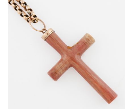 A pink agate cross pendant, on a belcher link chain, stamped 9ct.