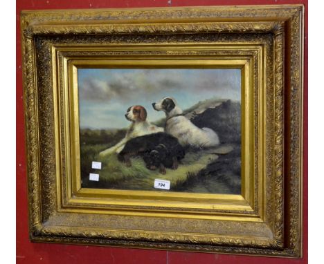 Gun Dogs at Rest, textured lithograph, 29cm x 39cm, bold moulded gesso type frame