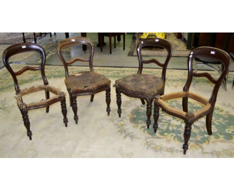 Four Victorian mahogany balloon back dining chairs, horizontal splat, button upholstered seat, lobed inverted baluster fore l