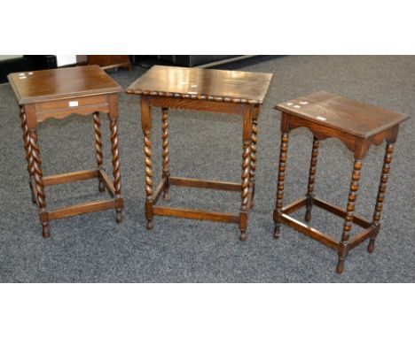 An oak side table with barley twist supports; another similar; an oak side table with bobbin turned supports (3)