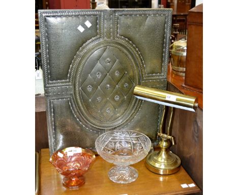 A brass desk lamp; a fire screen; a carnival glass bon-bon dish; a cut glass pedestal fruit dish (4)