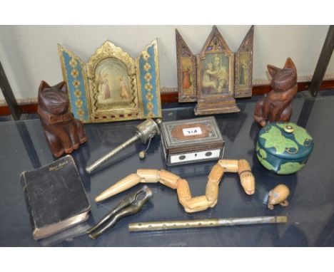 Treen etc. wooden cats, icons, prayer wheel, Victorian brass legs nut cracker, etc.