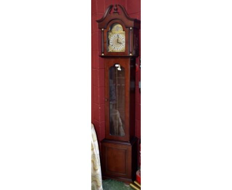 A contemporary Westminster, Germany, mahogany longcase clock, arched dial, gilt metal spandrels, Roman numerals, glazed door 