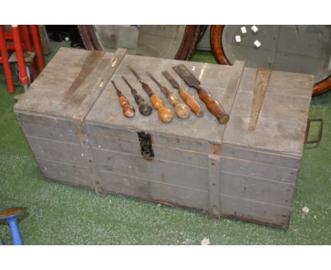 A pine tool chest and tools including Marples brace; chisels; screwdrivers etc.