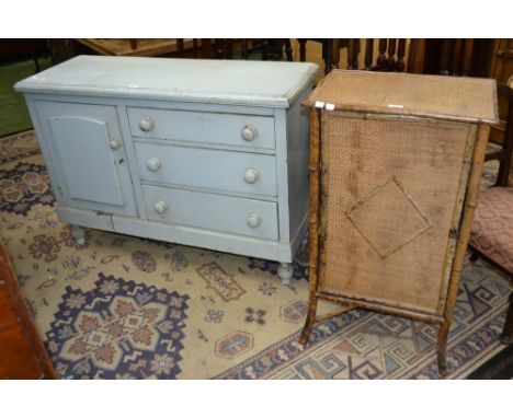 A Victorian painted pine country kitchen sideboard, moulded top, three graduated drawers, button handles, adjacent cupboard, 