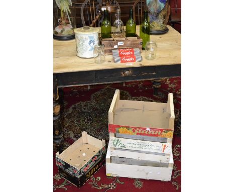 Vintage Copydex adhesive; biscuit tin; wine bottles; tea light holders; fruit crates etc.