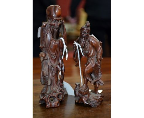 A Chinese boxwood carving, of Shou-Lao, he stands opening a scroll, peaches at his waist, pierced base, 15.5cm high, c.1900; 