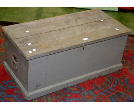 A painted pine tool chest. 38cm high x 90cm wide x 44cm deep.