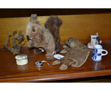 A wind up squirrel; a puppet; an Ainsley pill box; a blue and white jug etc.