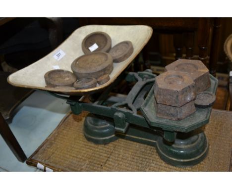 A vintage set of kitchen counter balance weighing scales 