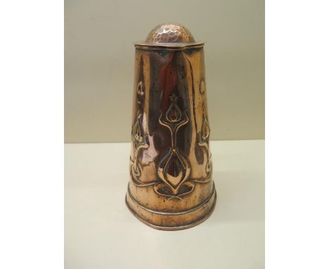 An Arts and Crafts copper lidded jug with embossed stylized decoration R 409942, 24cm tall, some denting but reasonably good