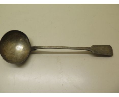 A silver ladle, London 1834/35 William Eaton WE, 34cm long, drilled hole to end, some general wear, engraved, approx 8.3 troy