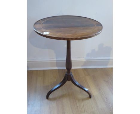 A pretty inlaid mahogany side / wine table on a turned column and tripod base, 70cm tall x 45cm diameter 