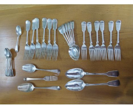 A collection of silver flatware including 6 side forks, 6 table forks, Sheffield 1897/98 JD WD, 6 spoons Sheffield 1898/99 JD