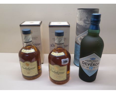 Two 70cl bottles of Dalwhinnie single Highland malt Scotch whisky, 15 years old, 43% vol, and a 70cl bottle of The Deveron , 