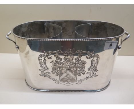 A modern armorial plated two bottle wine cooler, 17cm tall x 33cm wide 