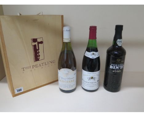 A wine gift set comprising 1985 Chateauneuf du Pape, 1987 Le Grand Chemarin Sancerre, Foncesca Bin no27 fine reserve Port 