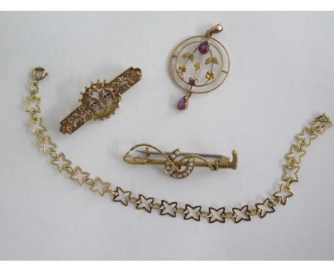 A 9ct yellow gold bracelet 18cm long, a 9ct pendant and 9ct brooch, total approx 6 grams and a 15ct pearl brooch with steel p
