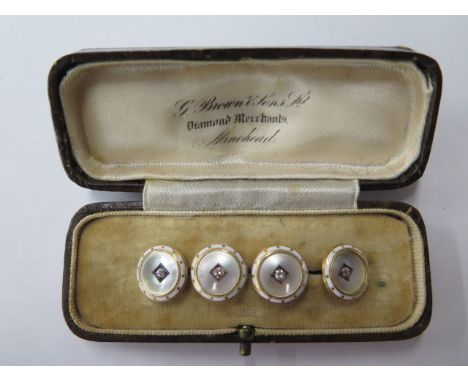 A set of 4 good quality 15ct yellow gold enamel mother of pearl and diamond waistcoat buttons, each approx 12mm diameter, tot