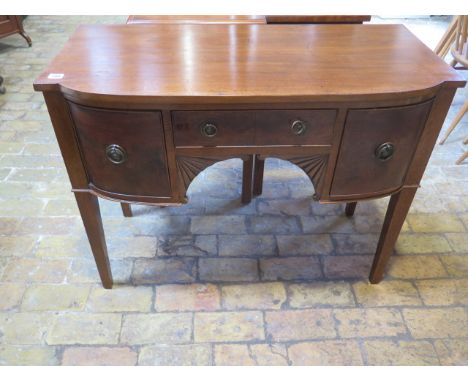 A&nbsp; mahogany bow fronted side cabinet with 3 drawers on square tapering legs, 76cm tall x 97cm x 46cm