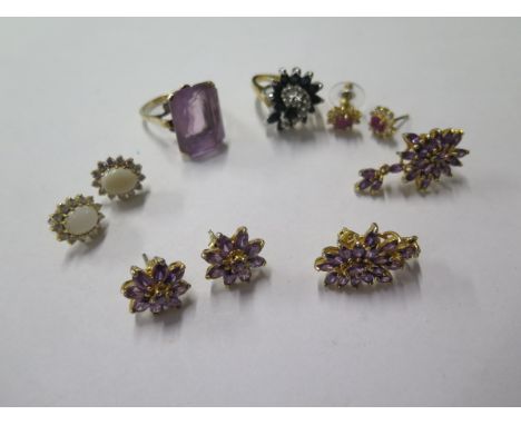 A 9ct Amethyst ring, size Q, a gilt dress ring, size N, a pair of gilt opal earrings and three other pairs of gilt earrings 