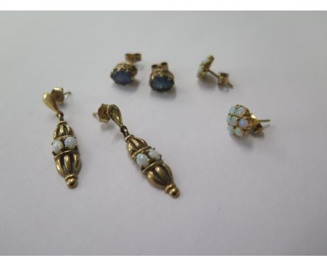 Three pairs of 9ct yellow gold opal earrings, total approx 6.8 grams 