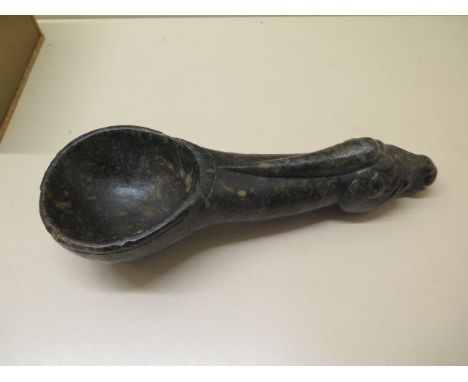 A Chinese antique hard stone nephite jade scoop with a carved horse head handle, archaic script to one side, probably Tang Dy