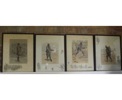Charlie Johnson-Payne 'Snaffles' 4 prints Le Poiln, Bon Voyage, Sans Panache French Cavalry 1914 and The Gunner, the Gunner i